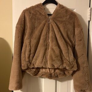 The Cashmere Project Cropped Faux Fur Zip Jacket in Camel